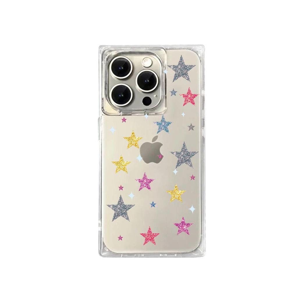 Square Back Tube Protection Clear Case For iPhone 13 16 ProMax 11 15 Plus 14 Pro Max 12 Anti-Oxygen,Colorful Stars Pattern Casing