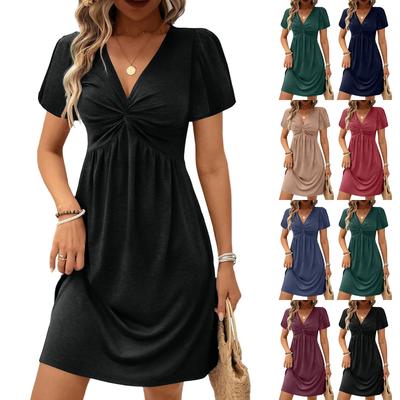 Vestidos casuais de cor sólida com decote em V torcido e manga curta para mulheres