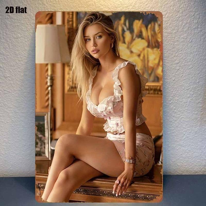 Vintage Metal Sign Art, Sexy Lady Garage Decor, Bar Bedroom Wall Tin Poster