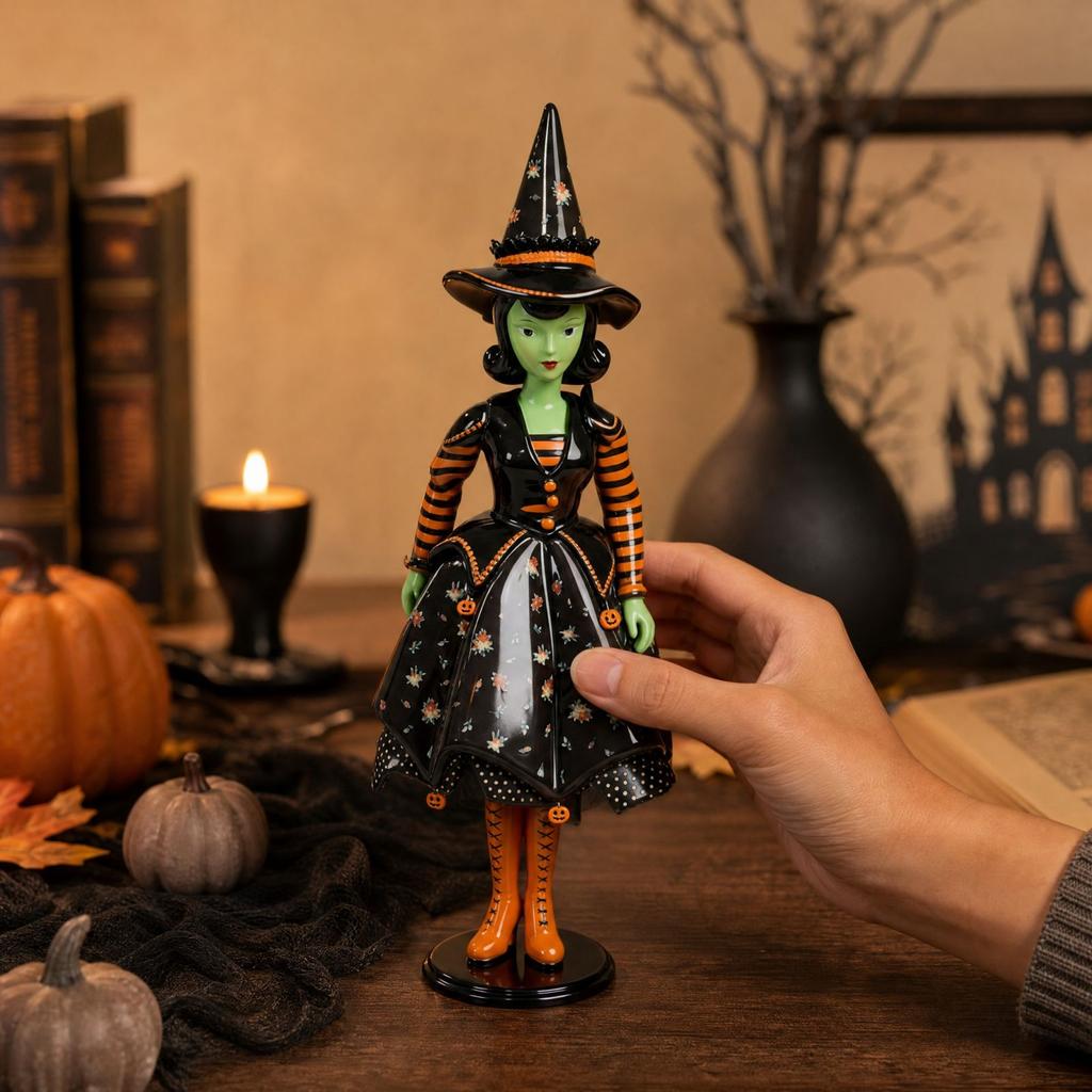 Witch Figurine Halloween Decoration, Resin and Fabric Tabletop Decor for Shelf Mantel Home