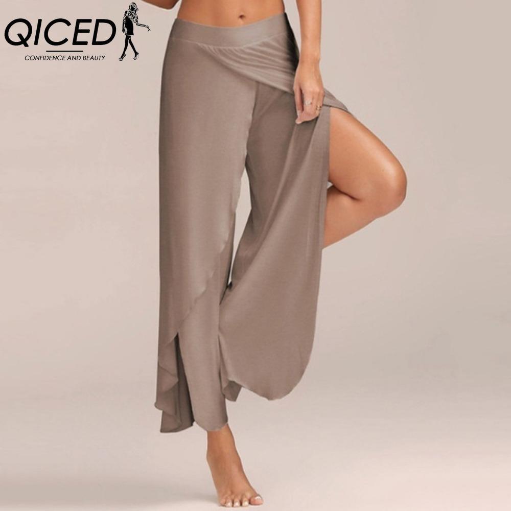 

QICED 10 цветов Женские брюки палаццо бохо с широкими штанинами, шифоновая юбка, расклешенные брюки для йоги, больших размеров XXXXL хаки