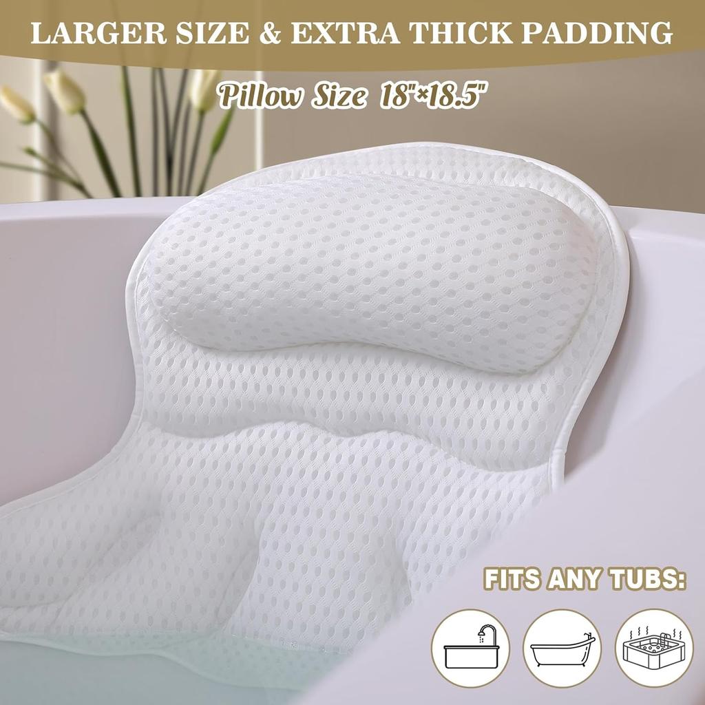 Bath Pillow Luxury Bathtub Pillow, Extra Soft & Comfortable Bath Pillows for Tub Head Neck and Back Support, with 4D Air Mesh Cushions & Non-Slip