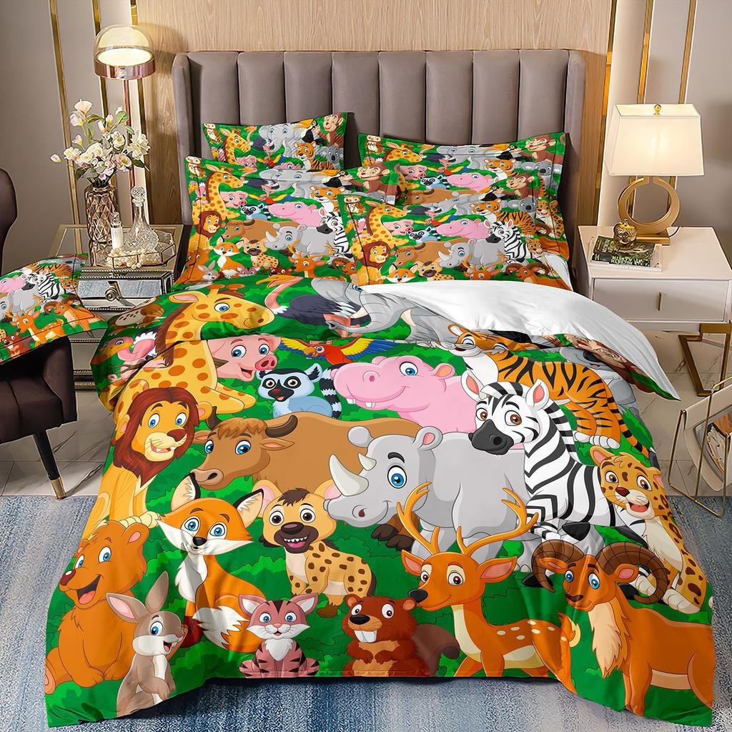 3pcs Cartoon Lions Elephants AnimalsThemed Bedroom  Duvet  Cover  Soft and Comfortable Cute Animal Covers, Single Queen Dormitor