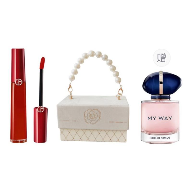 Armani Make-up Set Lippenstift, Parfüm und Perlen kleine Duftgeschenkbox Rotes Röhrchen Lipgloss #405 Verrottete Tomatenrot, gratis MY WAY Parfüm 7ml Reise Größe