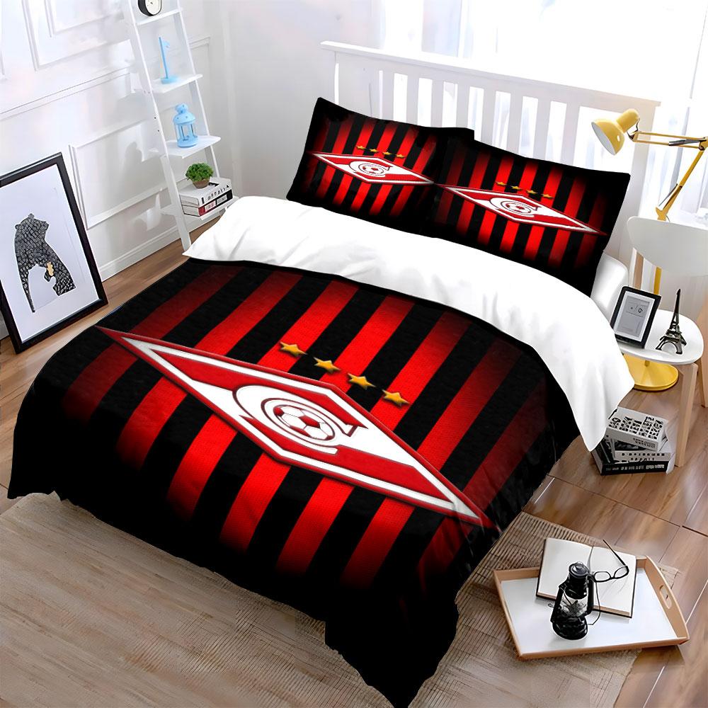 Red and Black Stripes with Soccer Logo Print Bedding Set Duvet Cover Pillowcases (1* Duvet Cover 2* Pillowcases Do Not Include Comforter)