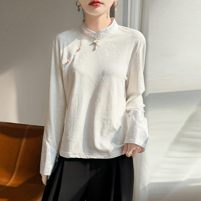 

Premium Chinese Style Satin Jacquard Embroidered Diagonal Lapel Shirt for Spring and Autumn XXL білий