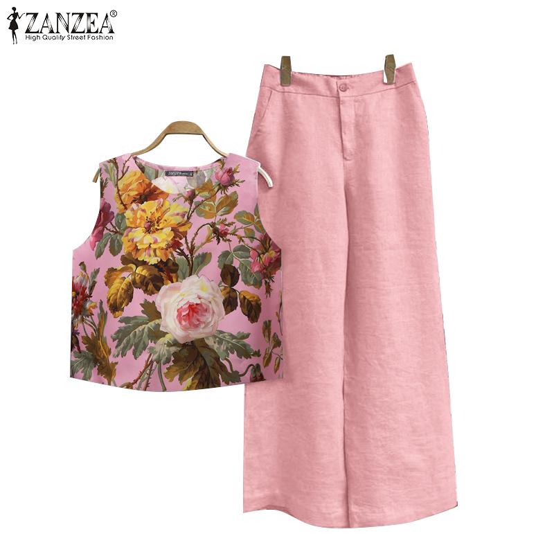 

ZANZEA Женские топы и брюки с цветочным принтом, повседневные комплекты из двух предметов S жёлтый