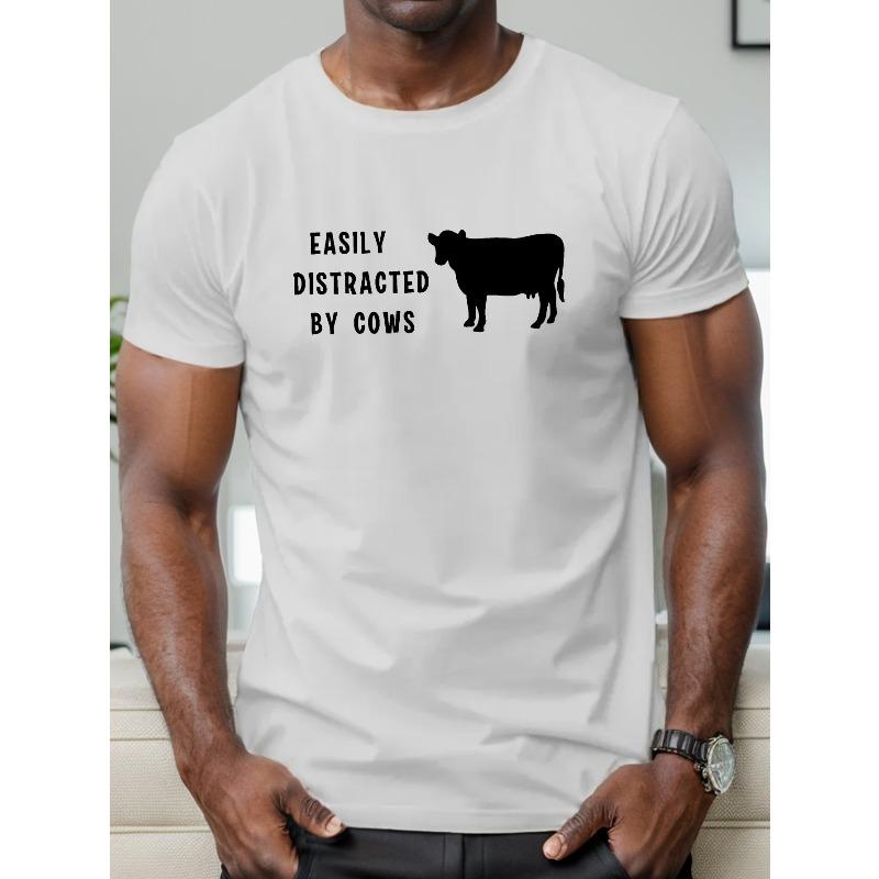 Easily Distracted By Cows Print Men's Short Sleeve T-Shirts, Comfy Casual Elastic Crew Neck Tops For Men's Outdoor Activities