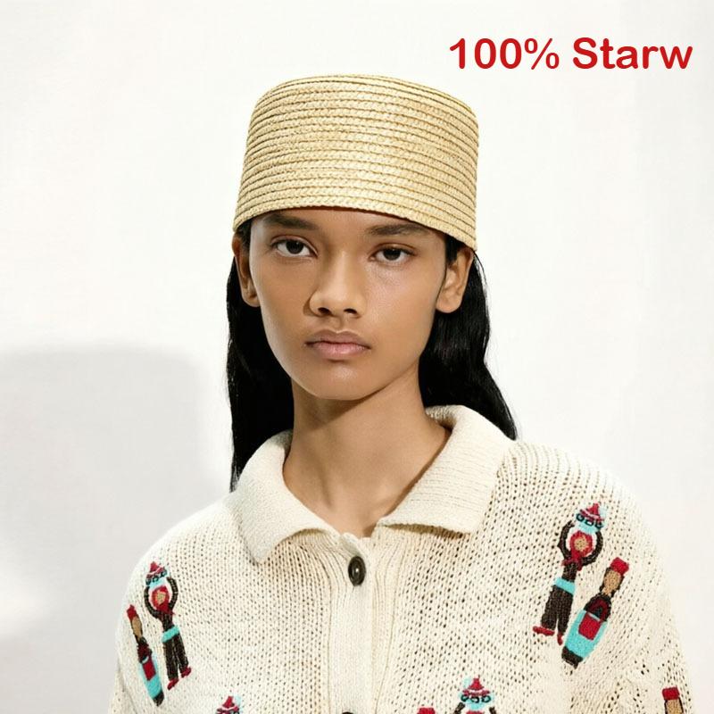 Garden Supplies My Women's 100% Straw Pillbox Hat French Raffia Flat Fedoras Hat Summer Beach Berets Charming Wedding Party Medicine Boater Hat 56-58Cm