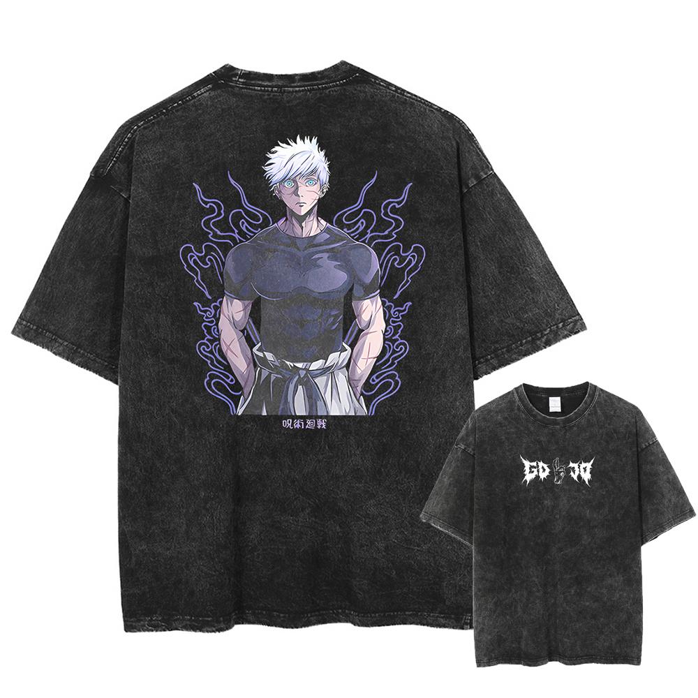 Japan Anime Jujutsu Kaisen Gojo Satoru Print Washed Tshirt Men High Quality Cotton T-shirts Manga Casual T Shirt Harajuku Tops