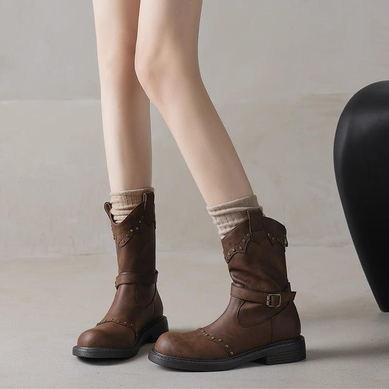 Retro Fashion Simple Generous British Belt Buckle Flat Bottom Rivet Western Boots Knight Boots Short Boots Female Martin Boots