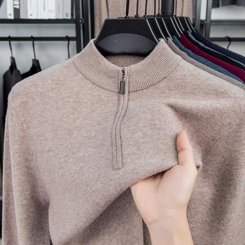 Solid Color 100 Wool Thickened Warm Half Zip Half Turtleneck Pullover Knit Sweater For Men