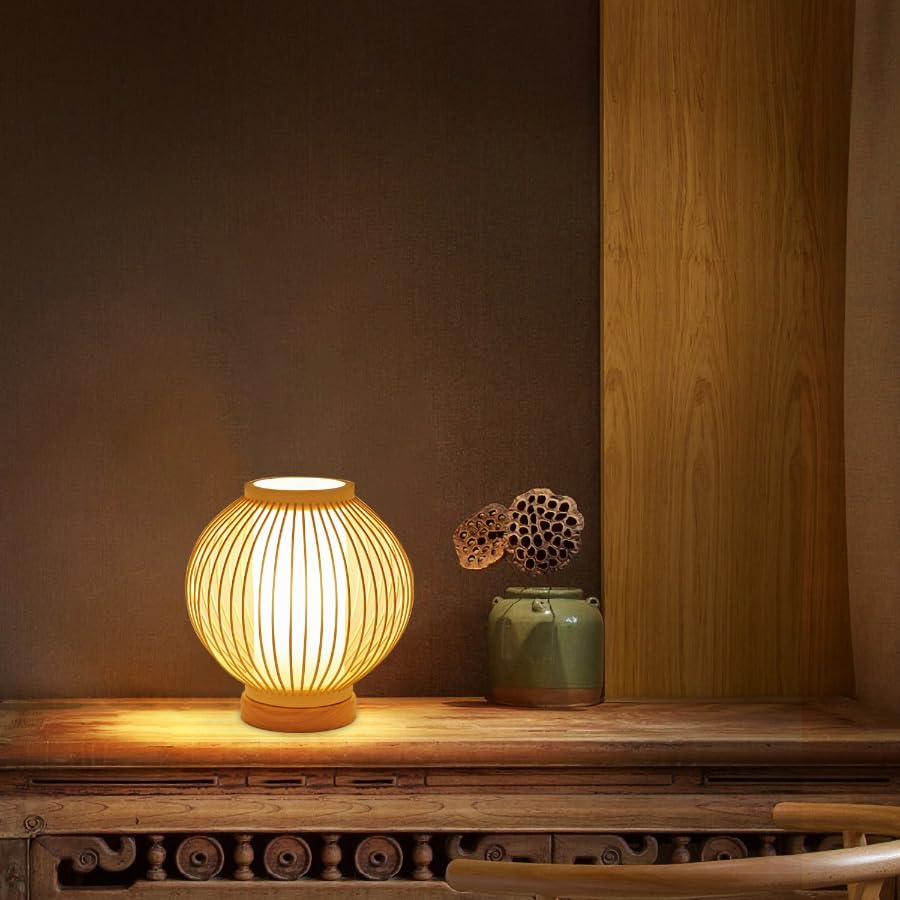Sakura Table Lamp, Single Light, Small, Rustic, Handcrafted Design, Bamboo Craft, Stylish, Cute, Retro, Natural Bamboo, Perfect for Bedside, Bedroom,