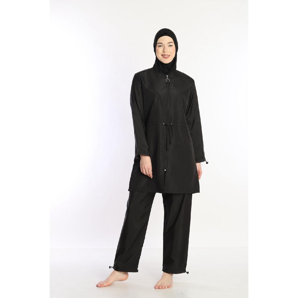 Black Lycra Headscarf 4 Piece Fully Covered Water Repellent Quick Drying Zippered Hijab Swimsuit