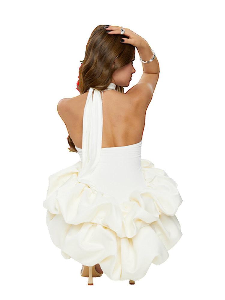 European & American 2026 Summer Satin Halter Neck Skater Dress - Sleeveless, Fluffy, Short & Sexy