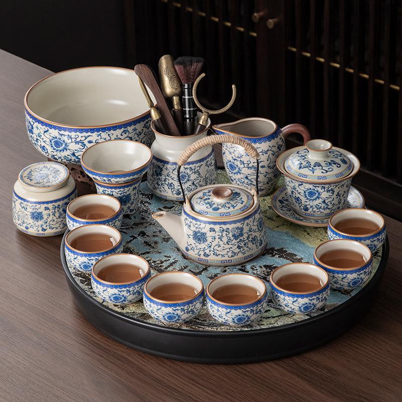 

Small apartment household Ru kiln ceramic kung fu tea set, a complete set of office teapot, teacup, tea tray set