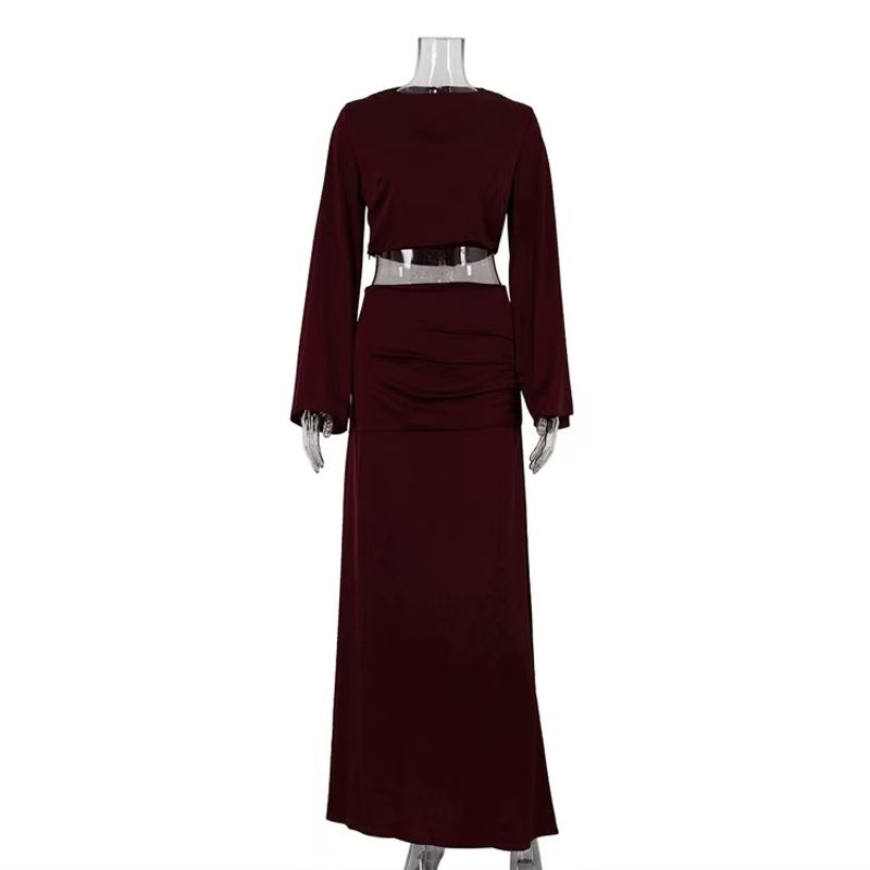 

Fashion Wind New Arrival Long Sleeves Midriff-Baring Top Satin Skirt Suit Short Top and Skirt Set Burgundy S