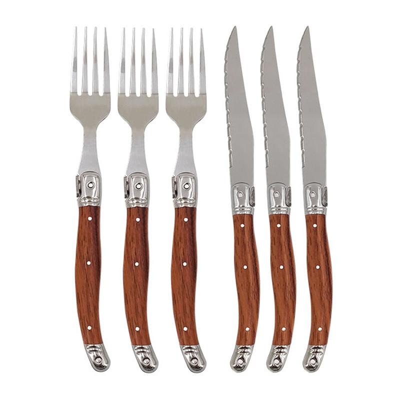 Plastic Wood Grain Handle Laguiole Steak Knives Forks Western Dinnerware Food Knife and Fork Set Stainless Steel Cutlery 6pcs