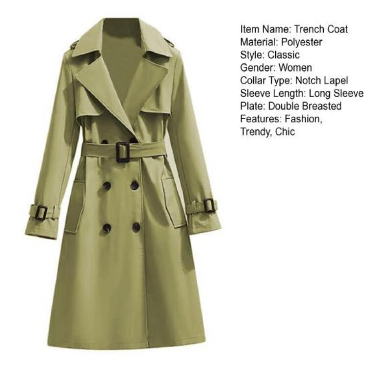 Windproof Women Trench Coat Double Breasted Long Overcoat with Belt and Notch Lapel Classic Outerwear for Fall Winter