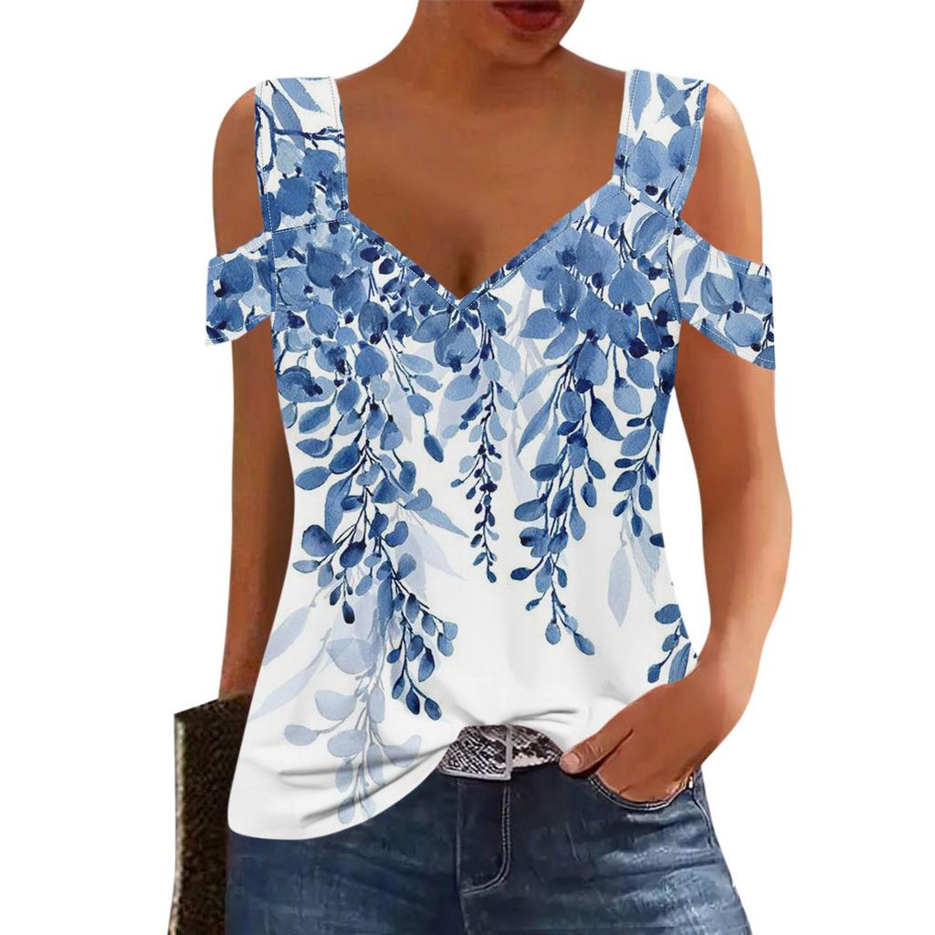 Women's Casual Tops Strapless Short Sleeve V-Neck T-Shirt Printed Tops