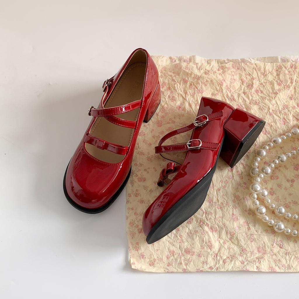 Red French round head light mouth thick high heel single shoes women's summer 2025 new skirt versatile height-increasing Mary Jane shoes