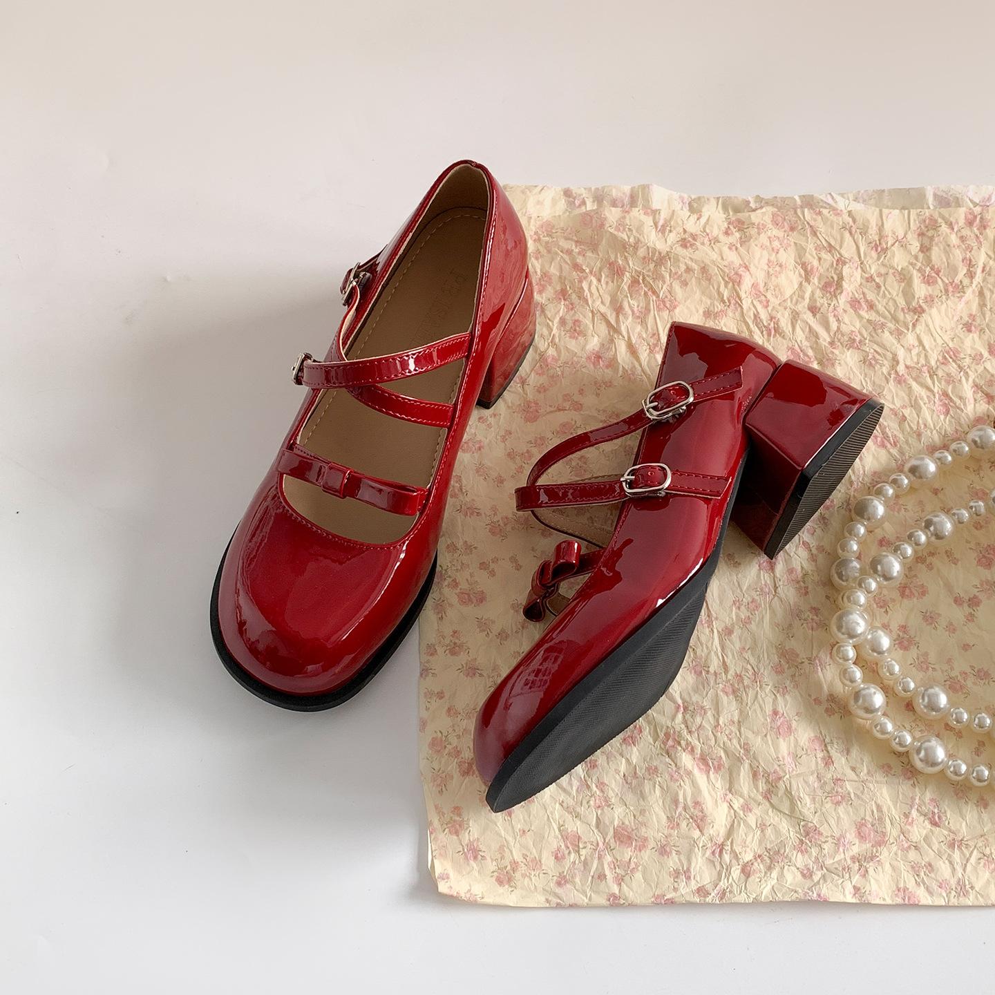 

Red French round head light mouth thick high heel single shoes women s summer 2025 new skirt versatile height-increasing Mary Jane shoes 40 бордовый