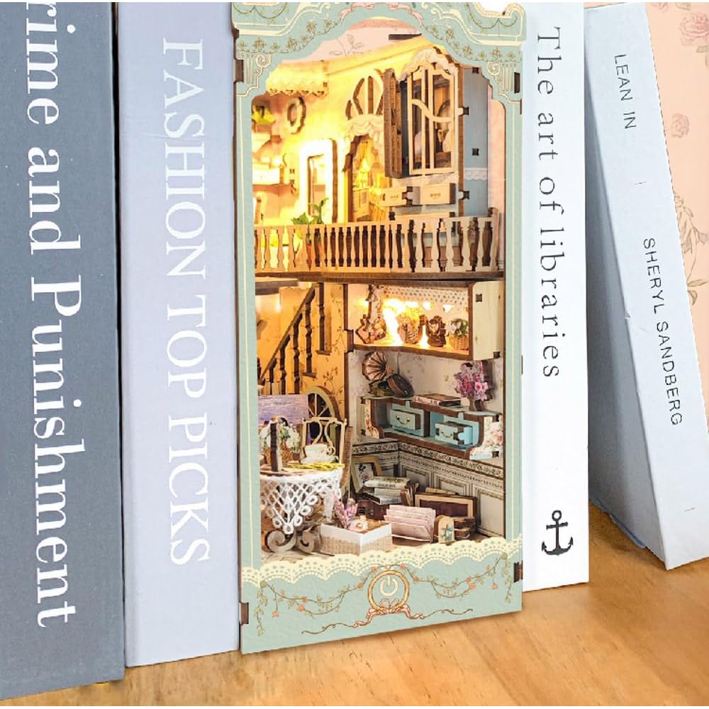 Moin Moin Dollhouse Miniature DIY Kit Book-Shaped Paper Craft Bookend with LED Light Country Scene Flowers Cat