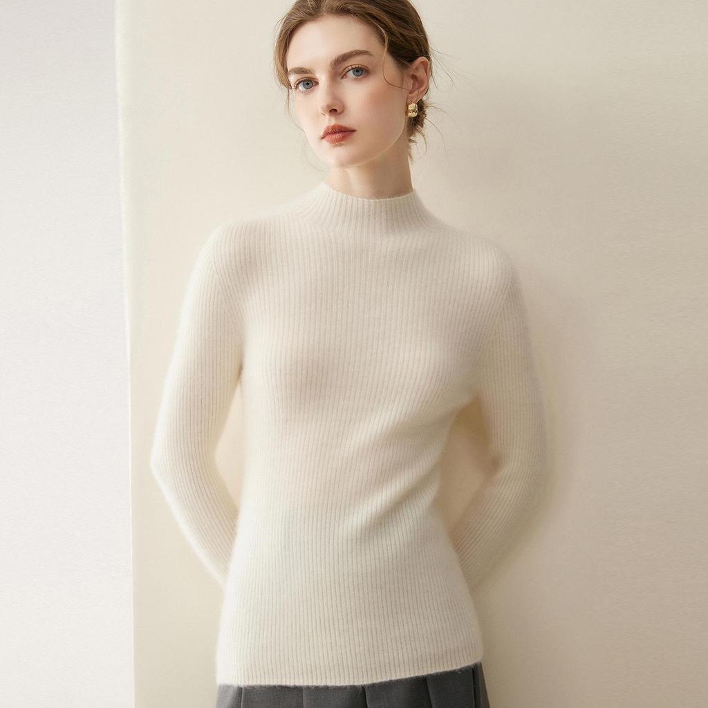 Women's 100% Cashmere Long Sleeve Knit Sweater - Half-High Neck, Tight-Fitting, Versatile Base Layer for Autumn/Winter.