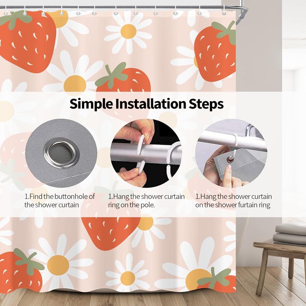 1pc Strawberry Print Waterproof Shower Partition Privacy Hanging Curtain with 12 Hooks, Multiple Sizes, Machine Washable