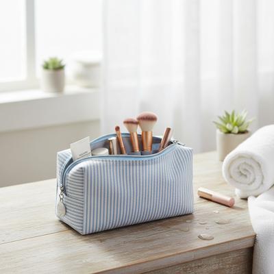 Striped Embroidery Makeup Bag Travel Toiletry Organizer with Bubble Print Waterproof Portable Multi-Compartment