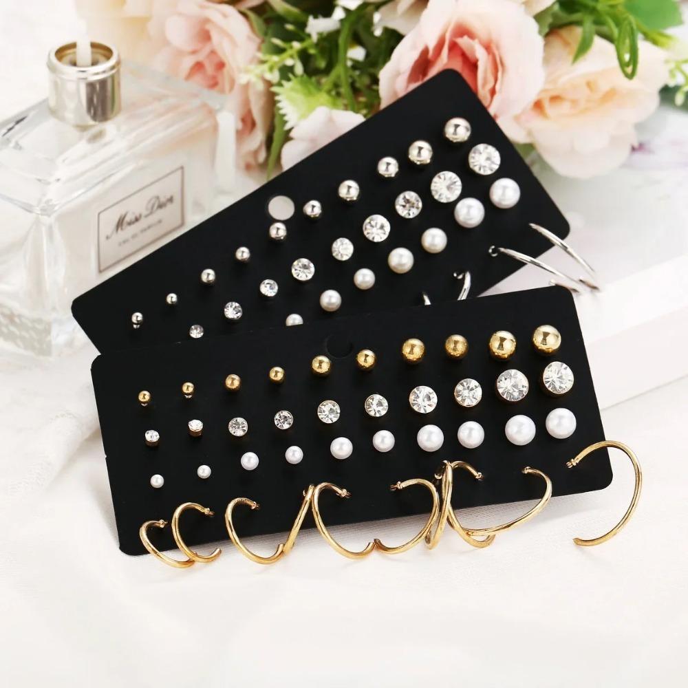 Women Pearl Stud Earrings Set Geometric Crystal Small Earrings 20-30 Pairs Fashion Jewelry