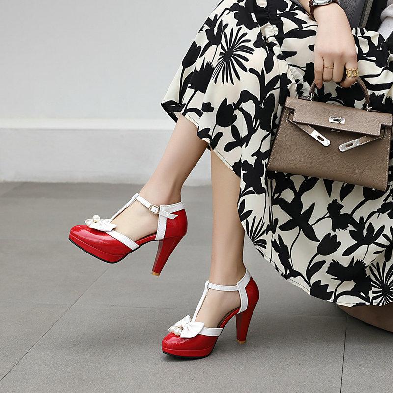 Plus Size32-46Girl Women High Heel Shoe Sandals Round Toe Heel Pumps Women Platform Pumps Pearl Bow Party Wedding Shoes T Strap