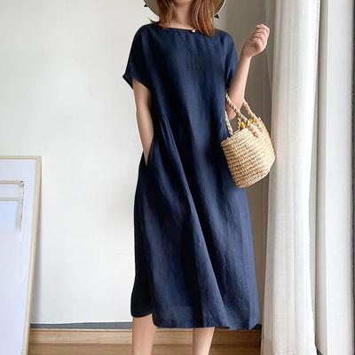 Abito Midi Morbido Taglie Forti Donna Estate Cotone Lino Girocollo Manica Corta Casual con Tasche
