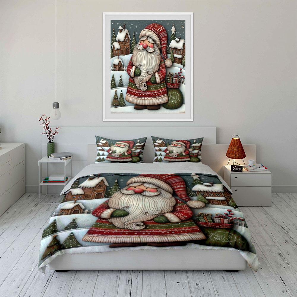 Christmas Santa in Snowy Village Bedding Duvet Cover Set  (1*Duvet Cover 2*Pillowcases, without duvet insert)