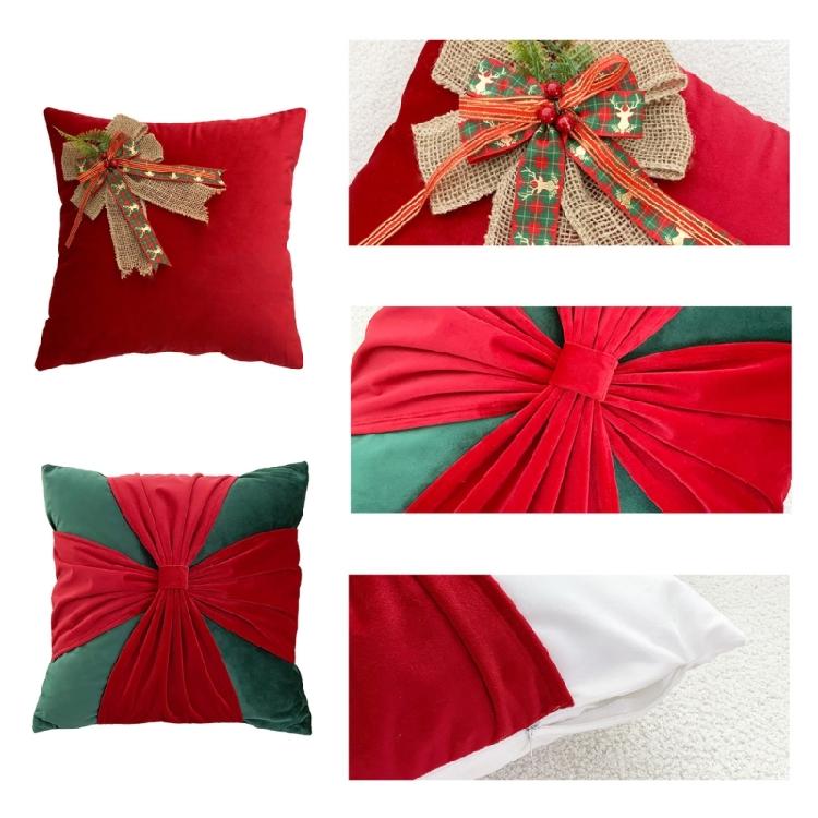 Christmas Cross Bowknot Velvet Cushion Pillow with Filler for Home Couch Sofa