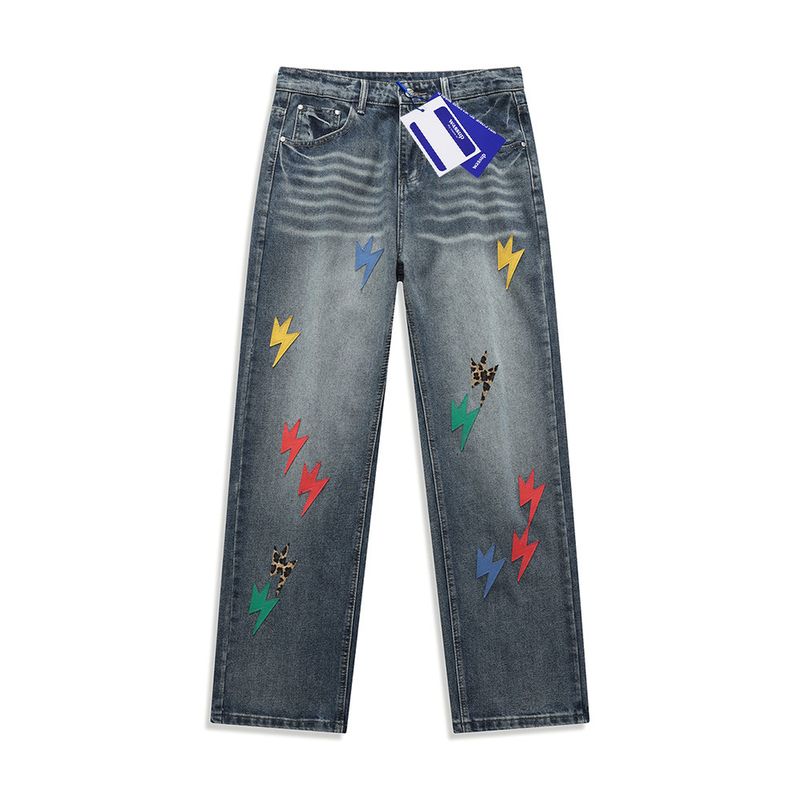 

Wassup Lightning American-Style Heavy Washed Denim Jeans for Men, Autumn Loose Casual Workwear Versatile High Street Wide-Leg Pants Blue, Rainbow 4 XL