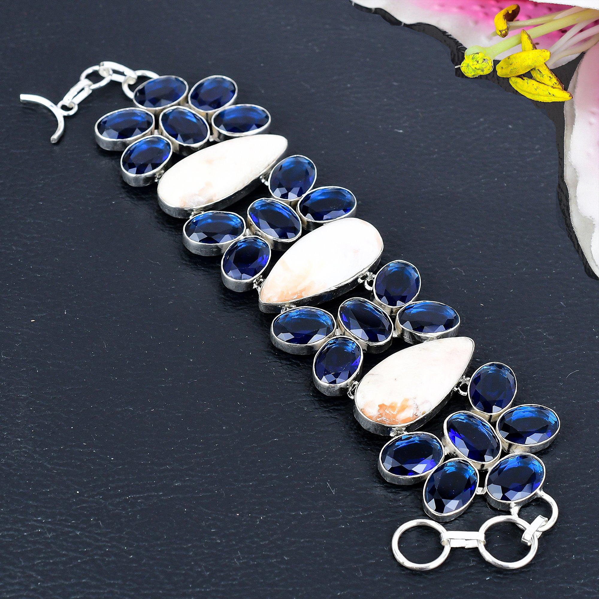 

Orange Scolecite, Blue Topaz Gemstone 925 Sterling Silver Bracelet 7-8 KG-1804