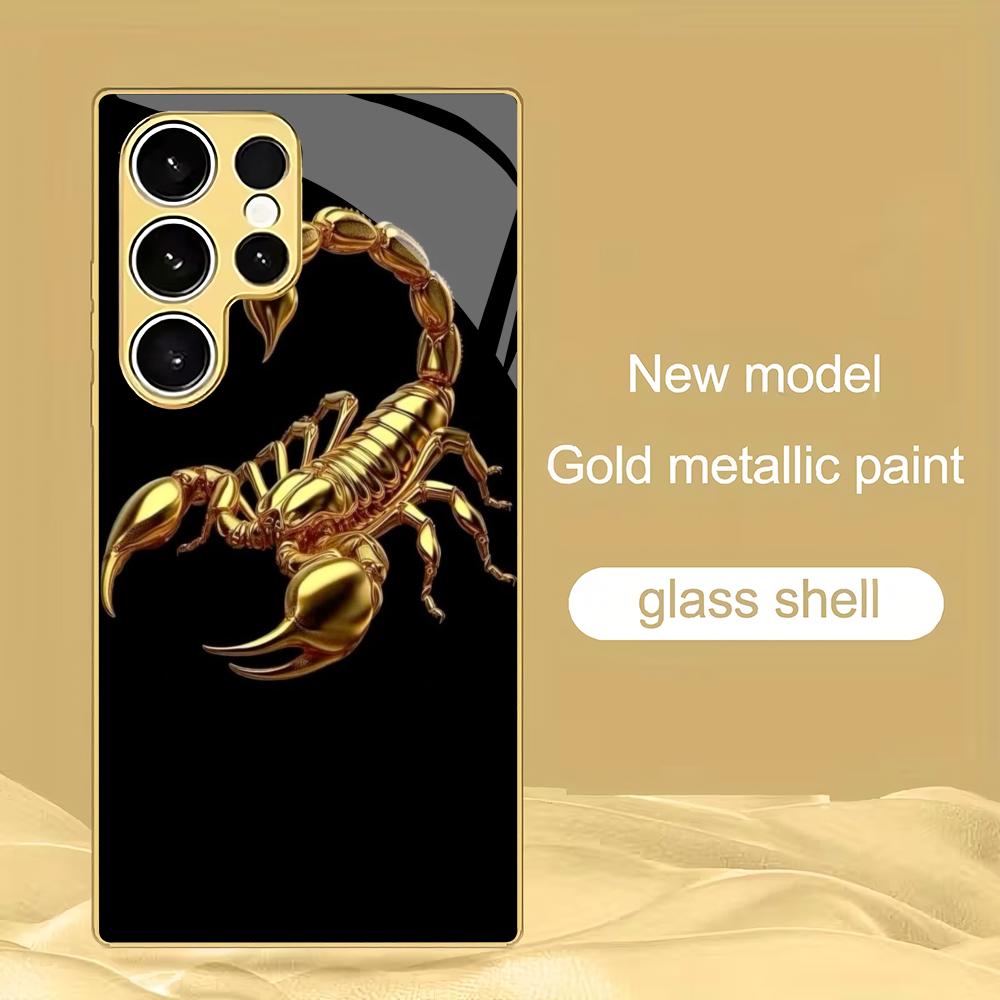 Golden Scorpion Pattern Plated Glass Phone Case Suitable for Samsung Galaxy S26 S25 S24 S22 S21 S20 FE/Ultra/Plus Anti Drop