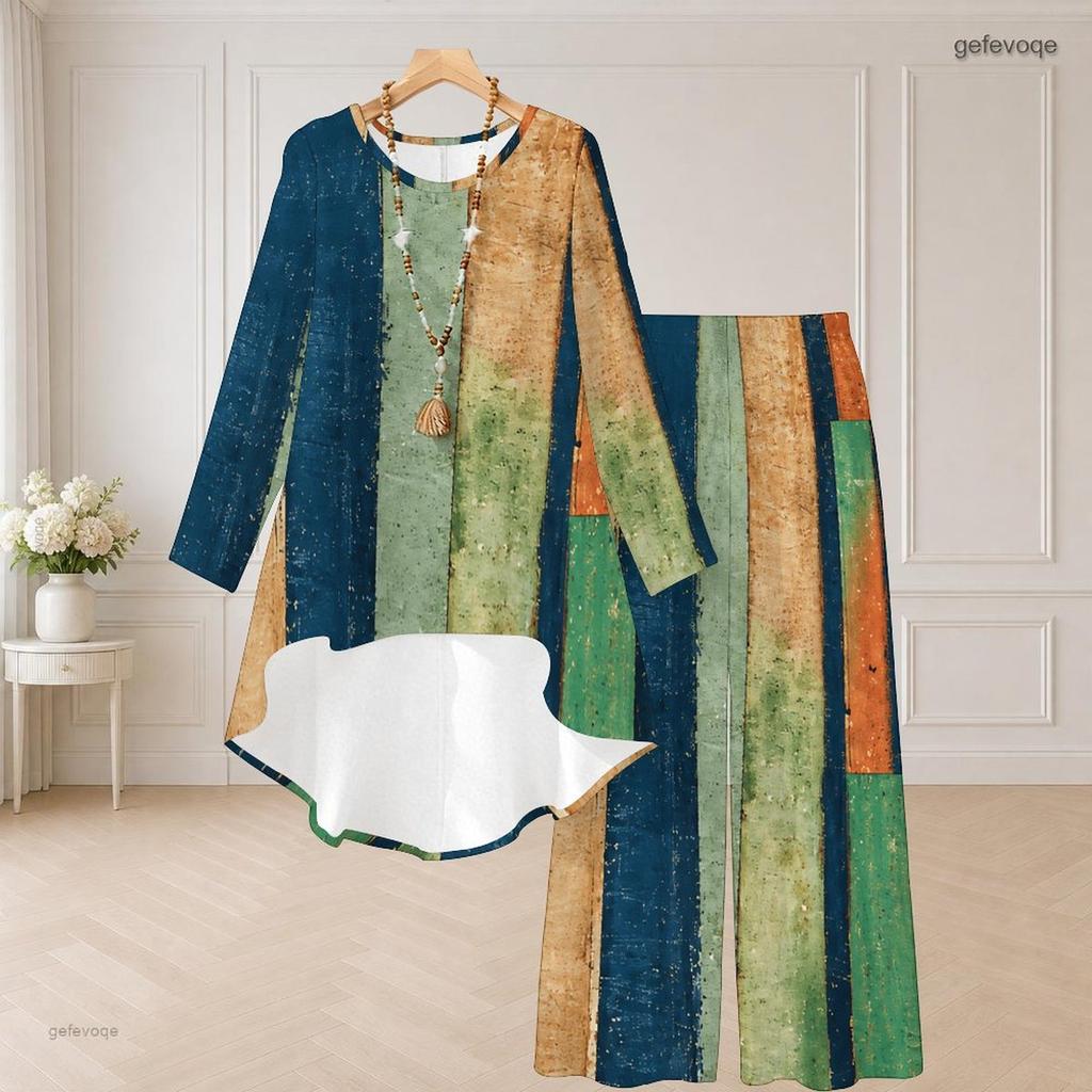 Plus Size Women Abstract Printed Two Piece Set Round Neck Long Sleeve High Low Top Wide Leg Pants