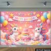 A 2D Unicorn Birthday Cake with a Pink Base As the Background a "Happy Birthday" Banner with the Theme and Made of Polyester.
