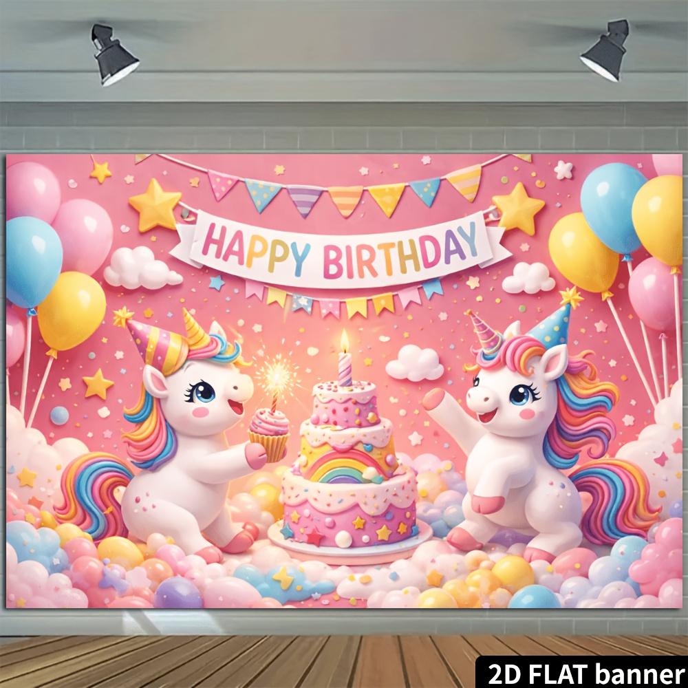 A 2D Unicorn Birthday Cake with a Pink Base As the Background a "Happy Birthday" Banner with the Theme and Made of Polyester.