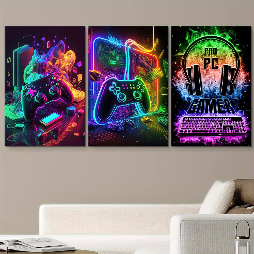 

3PC 2D Flat Neon Game Theme Canvas Decorative Painting, Modern Esports Room Wall Decoration, Controller/Host Element Art Wall Ha (as the picture,20x30cm No Frame)