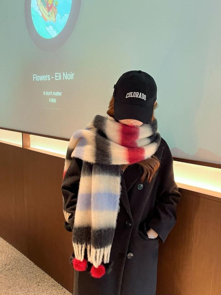 Korean Version of New Rainbow Striped Scarf with Ball for Female Winter Students Versatile High-end Warm Scarf Shawl