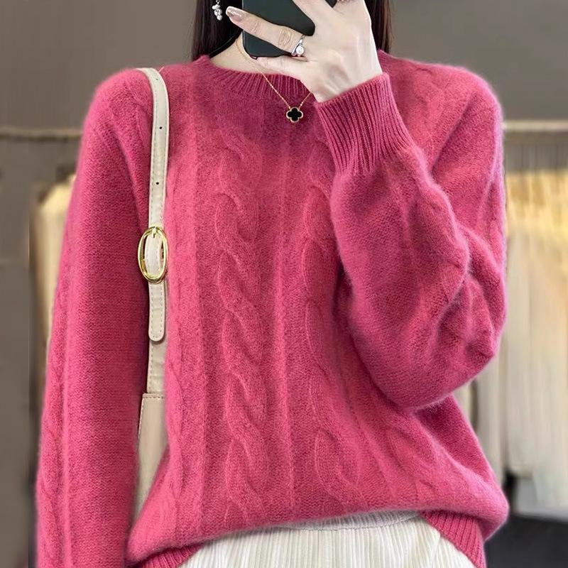 Spring Autumn and Winter Round Neck Solid Color Knitwear Vintage Fried Dough Twists Pullover Women Thick Slim Sweater Long Sleeve Warm Top Casual