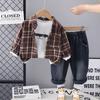 2025 Plaid Shirt Boy's Retro Fashion Three-Piece Set: Casual Spring & Autumn Outerwear