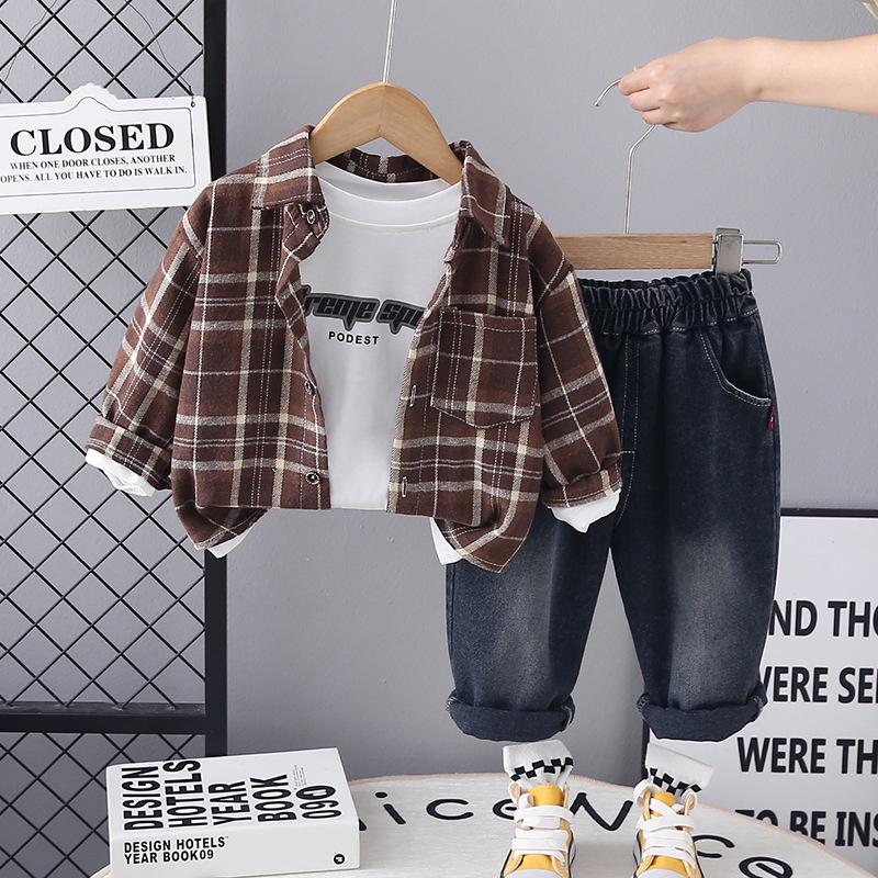 2025 Plaid Shirt Boy's Retro Fashion Three-Piece Set: Casual Spring & Autumn Outerwear