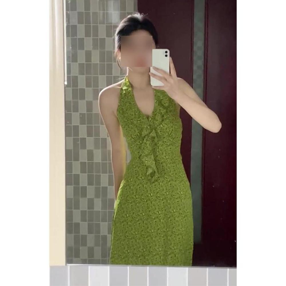 

Французское зеленое платье с V-образным вырезом, рюшами и цветочным декором по горловине, нежный темперамент, облегающее талию платье-годе с разрезом на бедре XL- (recommended 110-60kg)