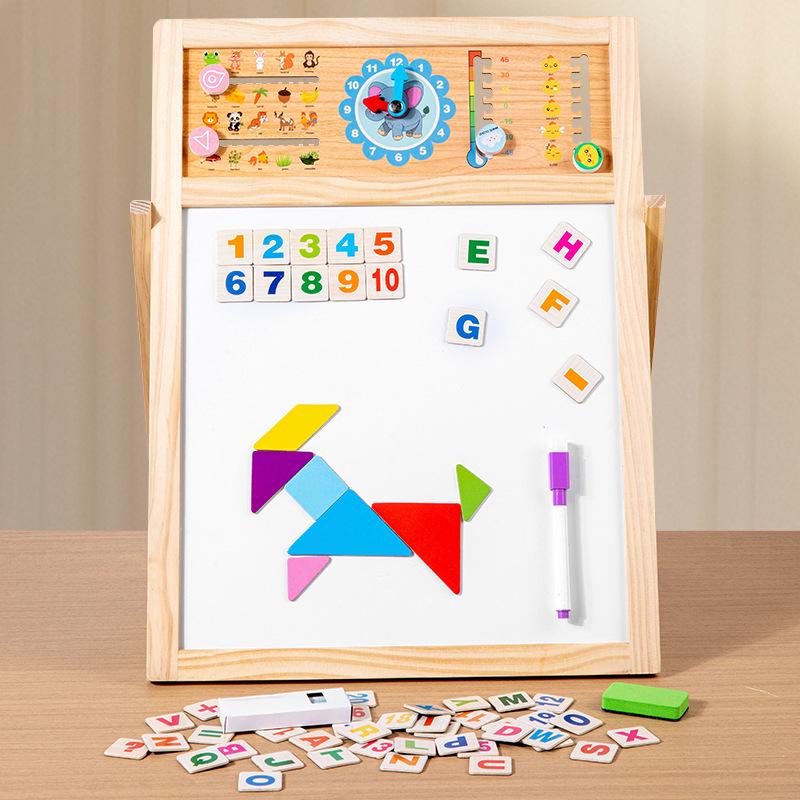 Children's Multifunctional Learning Stand: Double-Sided Erasable Drawing Board with Three Languages for Early Education.