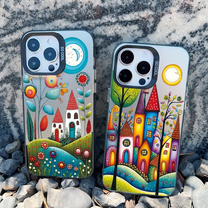 Colorful Forest Town Phone Case for Iphone 16 13 12 Pro Max 13 Mini 11 15 14 Pro Max Plus Fashion Laser Shockproof Back Cover