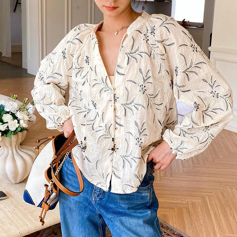 

Women s Embroidered V-Neck Long-Sleeve Shirt - French Design, European & American Style Small
